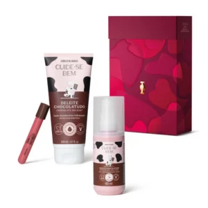 Kit Deleite Chocolatudo: gloss labial, body splash e loção corporal