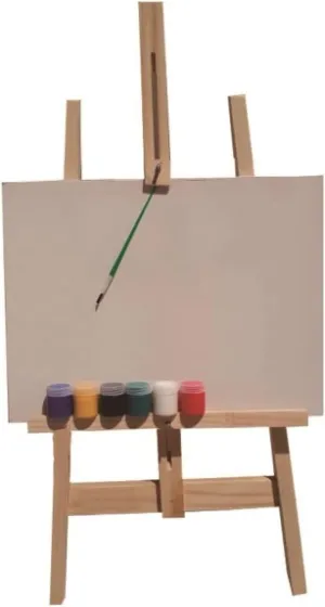 Kit com tinta guache, tela, cavalete e pincel